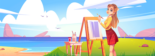 Girl painter with brush and easel on sea beach on plein air. Vector cartoon illustration of summer landscape of ocean shore with sand and grass and woman artist painting on canvas