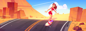 Young woman riding skateboard along the road at summer rocky landscape. Skater girl enjoying longboard recreation, female character sports activity, summer fun, freedom, Cartoon vector illustration
