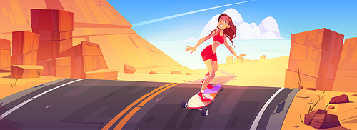Young woman riding skateboard along the road at summer rocky landscape. Skater girl enjoying longboard recreation, female character sports activity, summer fun, freedom, Cartoon vector illustration