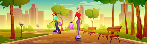 Girls ride on electric hoverboard and mono wheel in city park. Vector cartoon illustration of summer landscape of public garden with trees, benches and women driving on personal electrical transport
