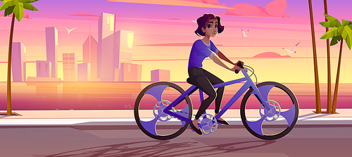 Young woman ride bicycle in city park at sunset cityscape background with skyscrapers and palm trees at sea bay. Girl outdoor activities, cardio exercise, healthy lifestyle Cartoon vector illustration