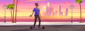 Young man ride hoverboard in city park at sunset cityscape background with skyscrapers and palm trees at sea bay. Character use eco-friendly vehicle, outdoor activities, Cartoon vector illustration