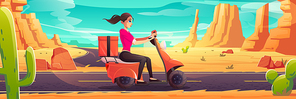 Young woman ride scooter, girl driver travel, female character on motorcycle with box on trunk driving road at Arizona natural landscape background with canyons and cacti, Cartoon vector illustration