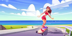 Happy girl riding on skateboard on ocean road. Vector cartoon illustration of summer landscape with blue sea, green grass, asphalt path and young woman skater on longboard