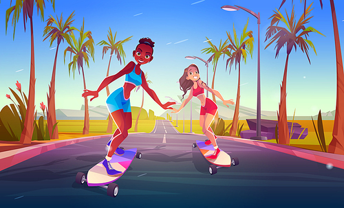 Happy girls riding on skateboard on road. Vector cartoon illustration of summer landscape with mountains, green palm trees, highway and young african american and caucasian women skater on longboard