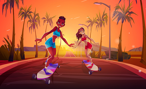 Happy girls riding on skateboard on road. Vector sunset cartoon illustration of summer landscape with mountains, palm trees, highway and young african american and caucasian women skater on longboard