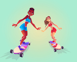 Happy girls riding on skateboard. Vector cartoon isolated illustration of summer leisure, young african american and caucasian women skater on longboard, girlfriends together on vacation