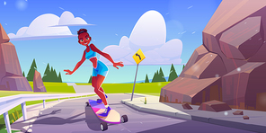 Happy girl riding on skateboard on road. Vector cartoon illustration of summer landscape with mountains, green fields, highway and young african american woman skater on longboard