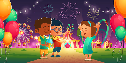 Kids in amusement park with circus, ferris wheel and roller coaster. Cheerful children friends visit night funfair with fireworks and balloons, carnival weekend entertainment, Cartoon illustration