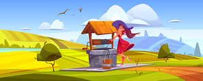 woman at village well, young happy girl with bucket come to take fresh  water in old stone sump on green hill with farm fields around. summer day rural landscape, cartoon vector illustration