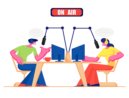 People and Radio Concept. Male and Female Radio Dj Characters in Headset Speak to Microphones, Broadcasting Program on Air and Communicate with Listeners. Social Media Cartoon Flat Vector Illustration
