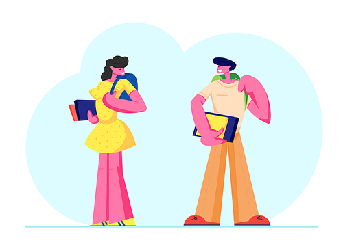 Man and Woman Students Characters with Backpacks and Books Watching on Each Other. University, High School Education, Young People Gain Knowledge, Studying in College. Cartoon Flat Vector Illustration