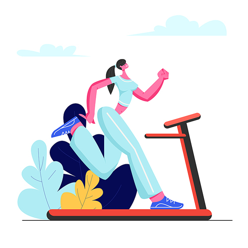 Beautiful Woman Running on Treadmill. Athletic Young Girl in Sportswear Exercising on Treadmill to be Slim. Outdoor Fitness and Healthy Lifestyle. Active Sport Life Cartoon Flat Vector Illustration