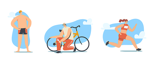 Triathlon Competition Concept. Triathletes Male and Female Characters Running, Cycling and Swimming during International Sports Tournament. Healthy Sports Lifestyle. Cartoon People Vector Illustration
