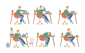 Freelancer character work on laptop. Vector set of flat illustrations of employee or office worker frustrated with pile of paperwork, with burnout, happy, angry, sleeping, and eating