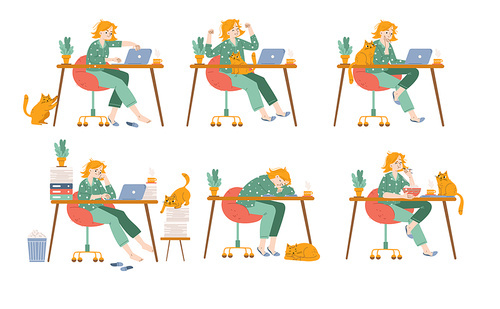 Woman freelancer emotions and activities set. Freelance girl wear pajama work at home office sit at desk with laptop and cute cat, thinking, drink coffee, sleeping, upset, Line art vector illustration