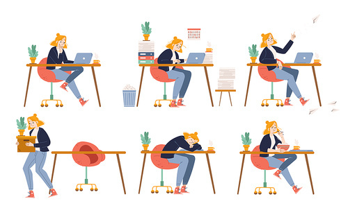 Employee character work with laptop in office. Concept of procrastination, deadline, dismissal. Vector flat illustration of workplace with woman busy, lazy, sleeping, eating, and fired
