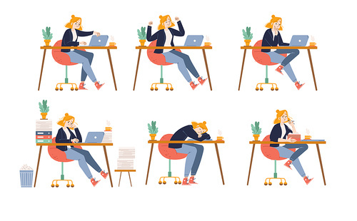 Office worker different emotions and activities, work and procrastination set. Manager woman sit at desk with laptop rejoice, rage, eat lunch, boring, sleep and think Line art flat vector illustration