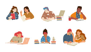 Students study together, read books, use laptop and write. Vector flat illustration of diverse young people do homework, prepare for exam, learning in college or university class