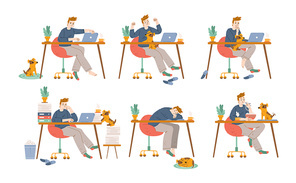 Man pet owner work on laptop at home. Vector flat illustrations set with freelancer or office worker with dog and pile of paperwork on table, happy, angry, sleeping and eating