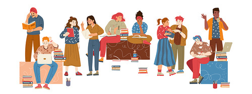 Multiracial students study together. Vector flat illustration of diverse young people learning with books and laptop in education class, college or university library