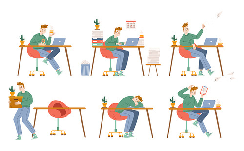 Man office employee work with laptop. Concept of job, deadline, procrastination, dismissal. Vector flat illustration of workplace with worker character busy, lazy, eating, sleeping and fired