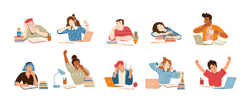 Tired people yawn while work or study at desk with books and laptop. Vector flat illustration of bored and sleepy characters, students feel tiredness, girl sleep on books stack