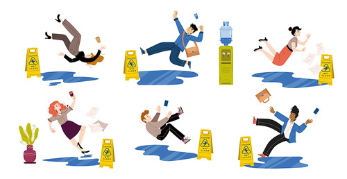 People slip and fall down on wet floor in office with caution sign, cooler and water puddles. Vector flat illustration of characters slide on water or slippery floor, falling and drop cups and phones