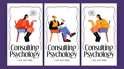 Consulting psychology posters with women patients on therapy session. Vector banners of professional mental health consultation with flat illustration of psychologist and anxiety girls