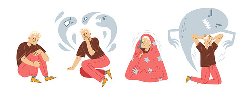 Frightened man have panic attack disorder. Vector flat illustration of person in stress, afraid, scared of monster shadows or ghosts. Terrified character cry, hide under blanket