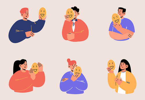 Sad people hold fake face masks with smiles. Vector flat illustration of unhappy men and women with positive masks use disguise for hide real emotions isolated on background