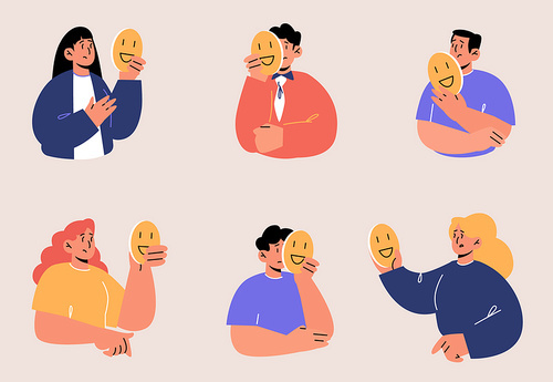 Set of people hiding faces behind of social masks with fake positive emotions. impostor syndrome, hypocrisy. Sad men and women disguising real feelings and identity, Line art flat vector illustration