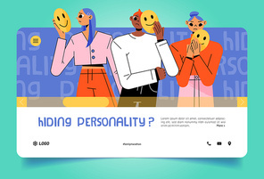 Hiding personality landing page with sad people disguise faces behind of happy masks. Impostor syndrome, hypocrisy, psychological help to men and women with identity problems, Line art flat vector