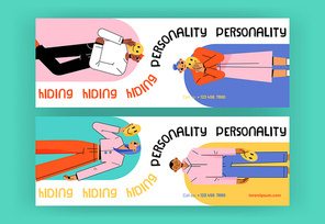 Hiding personality banners with sad people disguise faces behind of happy masks. Impostor syndrome, hypocrisy, psychological help to men and women with identity problems, Line art flat vector flyers