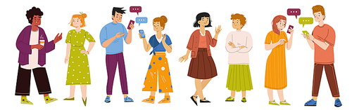 People talk, group of characters speak and communicate with speech bubbles and smartphones. Men and women using gadgets, chatting with friends, communicating persons, Line art flat vector illustration