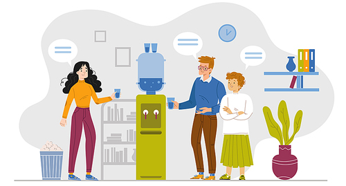 Office people stand at water cooler talk and drink beverage at workplace. Business colleagues chat, conversation, coffee break refreshment, gossips at watercooler, Line art flat vector Illustration