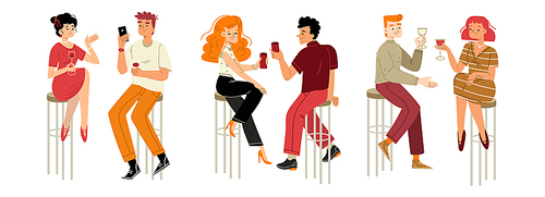 People drinking wine, dating, celebrate party. Couple male and female characters holding wineglasses sit on high chairs in bar communicate, laugh, drink alcohol Linear cartoon flat vector illustration