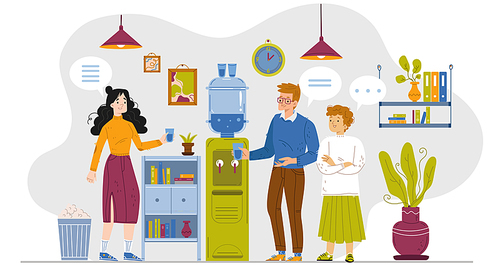 People drink water and talk near cooler in office. Vector flat illustration of work place interior with water dispenser and workers meeting for conversation and discuss of gossips and news