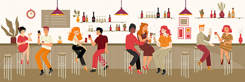 Diverse people drink alcohol in bar. Vector flat illustration of restaurant or cafe interior with bar counter, men and women sitting on stools with wine, beer and champagne