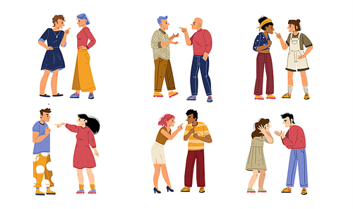 Couples conflict, quarrel, angry male and female characters arguing. Homosexual and heterosexual pairs scandal, divorce, spousal abuse. People swear and argue, Line art flat vector illustration