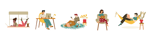 People using laptop, mobile phone and computer on sill, carpet, hammock and chair. Vector flat illustration with characters work with gadgets in home office