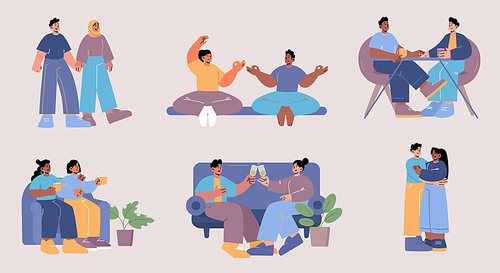 Happy couple of multiracial and lgbt person hug, drink coffee and walk together. Vector flat illustration of love and romantic relationship. Different people drink champagne, do yoga, embrace