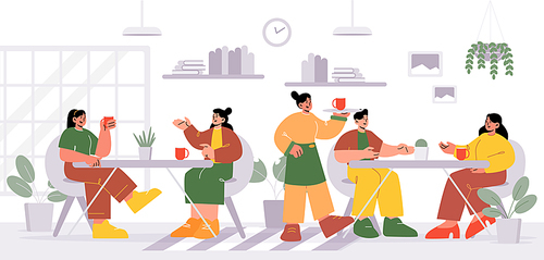 People visiting cafe, men and women sitting at tables drinking beverages, communicate and meet with friends. Visitors relax in coffee shop with waitress serve clients, Line art vector illustration