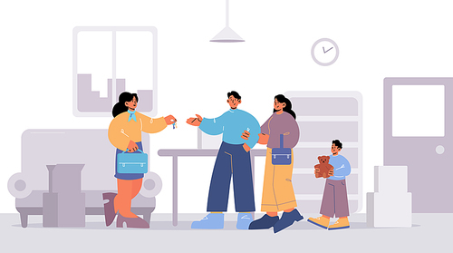 Family with child buying house, real estate agent giving keys to buyers in office. Happy couple with kid purchasing property. Parents characters with son move to new home, Line art vector illustration