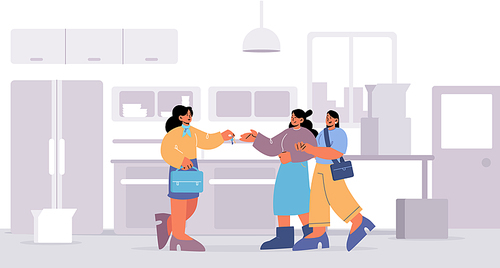 Girls couple rent house from real estate agent. Vector flat illustration of two lgbt girls move to new home. Kitchen interior with woman realtor gives key to lesbian family