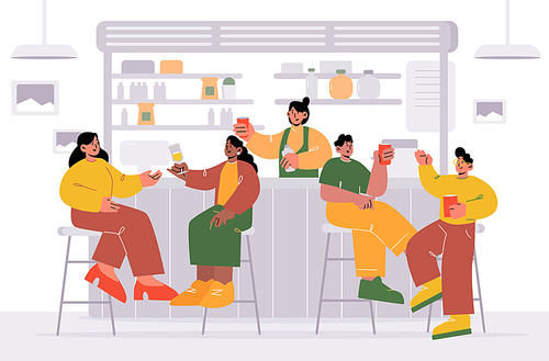 Diverse people sitting on stools in bar or pub. Vector flat illustration of cafe or restaurant interior with bar counter, shelves with bottles, happy men and women with drinks and bartender girl