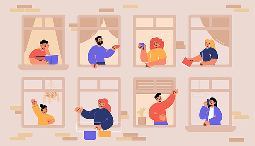 Neighbors in windows greeting each other, drink coffee, read and talk on phone. Vector flat illustration of good conversation in neighborhood. House facade with happy people in windows