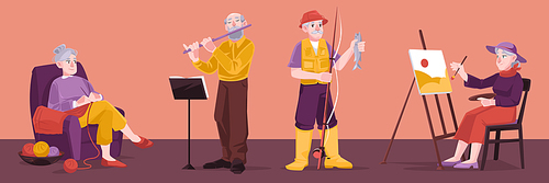 Elder people hobbies, fishing, painting, knitting and play music. Vector set of flat illustration with senior men and women with flute, fish, easel and yarn. Grandparents enjoy hobby on retirement