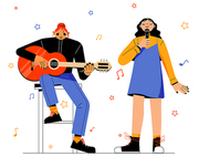 Girls band with singer and musician with guitar. Vector flat illustration of women play music and sing on concert, festival or talent show. Cute girls artists perform with microphone and instrument