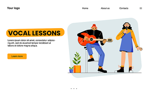 Vocal lessons web banner. Landing page of music school or online vocal courses with female character singing with microphone and teacher playing guitar, line art flat vector illustration